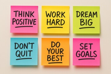 Motivational sticky notes on a wall, emphasizing positive thinking and goal setting. Concept of self-improvement, inspiration, and personal development in everyday life.