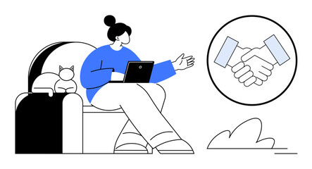 Woman sitting on sofa with laptop, extending hand for communication. Handshake icon conveys partnership and trust. Ideal for teamwork, remote work, business, negotiation, collaboration, job