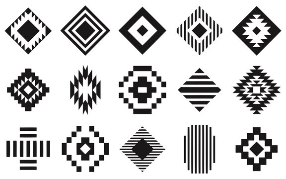 Creative set of unique tribal diamond aztec maya navajo patterns for traditional native ornaments with simple vector design elements