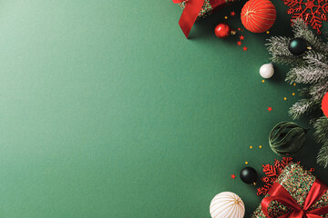 Christmas border with gifts and ornaments on a green background with copy space for text