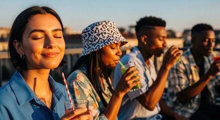 Young woman with closed eyes and friends drinking beverages on a city rooftop during warm golden hour
