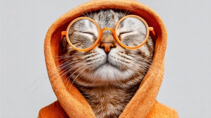 Cat wearing orange glasses and a hoodie