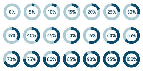 Set of circular percentage diagrams from 0 to 100 for infographics, including 0, 5, 10, 15, 20, 25, 30, 35, 40, 45, 50, 55, 60, 65, 70, 75, 80, 85, 90, 95, and 100. Vector percentage infographics. 
