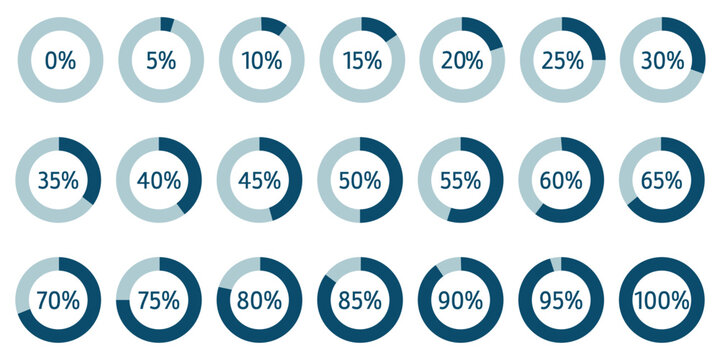 Set of circular percentage diagrams from 0 to 100 for infographics, including 0, 5, 10, 15, 20, 25, 30, 35, 40, 45, 50, 55, 60, 65, 70, 75, 80, 85, 90, 95, and 100. Vector percentage infographics. 
