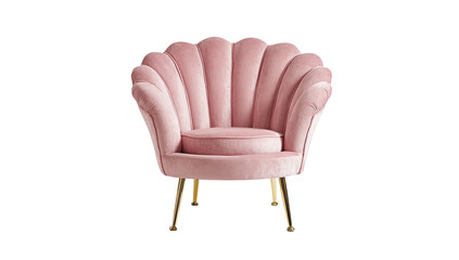 Plush pink velvet chair with gold legs, shell-shaped back