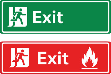 Obraz premium Emergency exit safety signs illustration showing green standard exit symbol and red fire exit warning sign for evacuation and safety guidance