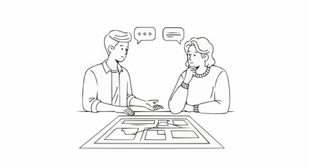 Hand drawn sketch of two people discussing a project plan at a table.