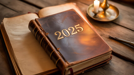 Vintage leatherbound diary or planner with the year 2025 embossed on the cover, resting open on a rustic wooden table beside a lit candle in a brass holder