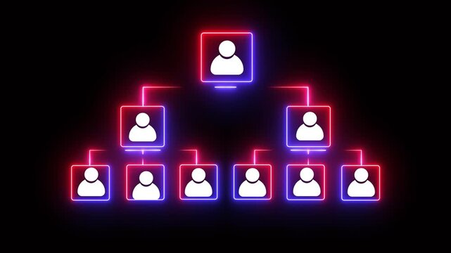 Company hierarchical organizational chart idea on the black background. Motion graphics of human resources management and business concept. 4k video.