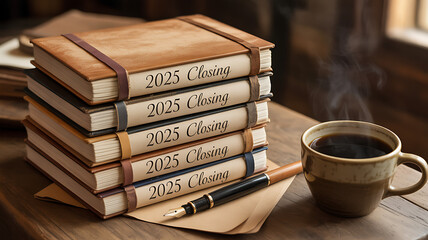 Stack of five leatherbound 2025 diaries or planners resting on a wooden desk next to a steaming cup of coffee and a fountain pen