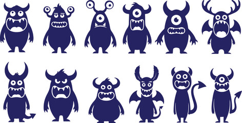 Vector art of set of various blue monster silhouettes, 