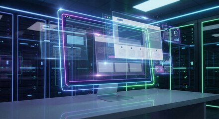 Computer Monitor Displaying Futuristic Web Interface in a Data Server Room