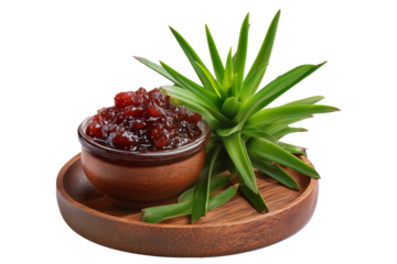 Pandanus fruit paste in wooden bowl with fresh pandanus leaves and fruit on wooden plate, isolated on white transparent background, concept of tropical cooking
