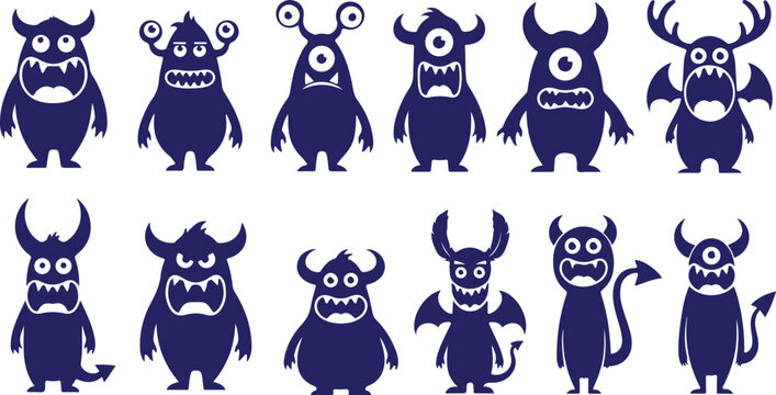 Vector art of set of various blue monster silhouettes, 