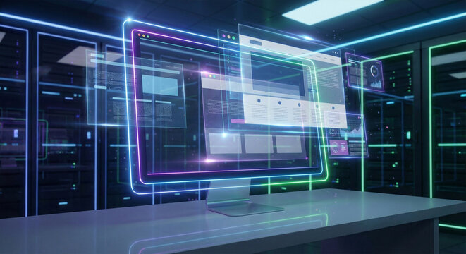 Computer Monitor Displaying Futuristic Web Interface in a Data Server Room