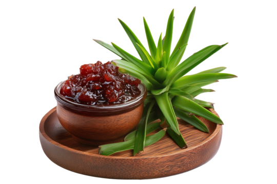 Pandanus fruit paste in wooden bowl with fresh pandanus leaves and fruit on wooden plate, isolated on white transparent background, concept of tropical cooking