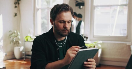 Tablet, stylus and typing with man in salon for hair stylist appointment, barbershop schedule and planning. Hairdresser reminder, entrepreneur and business owner with person and tech in store