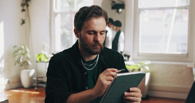 Tablet, stylus and typing with man in salon for hair stylist appointment, barbershop schedule and planning. Hairdresser reminder, entrepreneur and business owner with person and tech in store