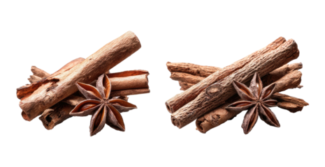 Two clusters of cinnamon sticks and star anise spice