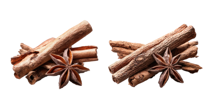 Two clusters of cinnamon sticks and star anise spice