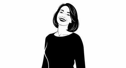 Minimalist black and white illustration of a happy smiling woman.