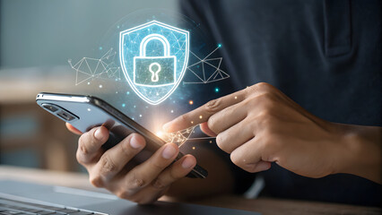 A man is using his smartphone to access his personal data with a shield icon, symbolizing secure access and data protection in the digital age and cybersecurity