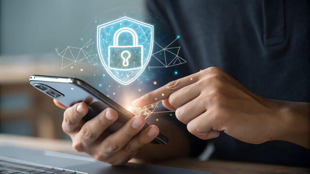 A man is using his smartphone to access his personal data with a shield icon, symbolizing secure access and data protection in the digital age and cybersecurity
