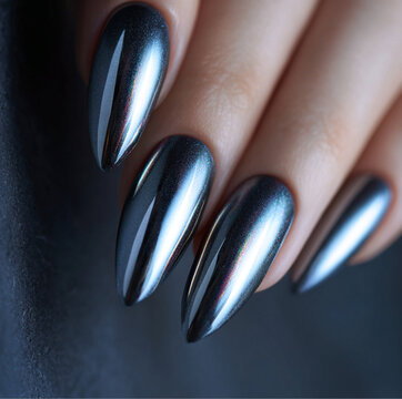 Metallic cat-eye nails with reflective magnetic stripe, chrome finish, futuristic manicure, shimmering light beam effect, long almond nails
