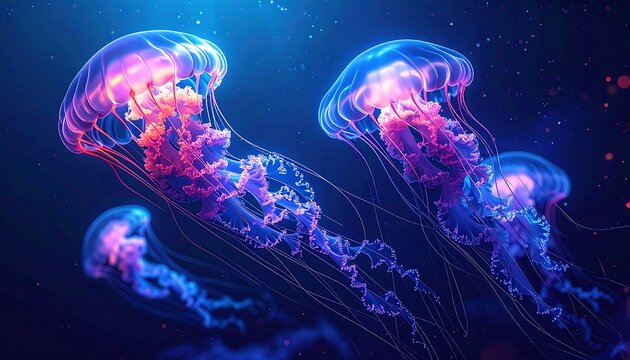 Several bioluminescent sea creatures drift gracefully in deep water with a mesmerizing display of colors. Their bell-shaped bodies and trailing tentacles glow