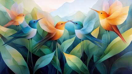 Fototapeta premium A vibrant, stylized illustration of five colorful hummingbirds in various shades of orange, blue, and teal, perched among large, abstract green leaves and folia