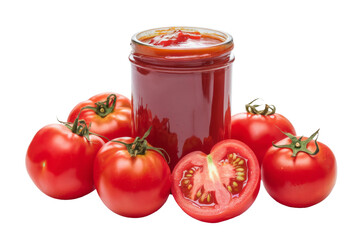 tomato ketchup jar with fresh tomatoes on white background.