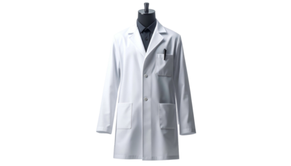 A white lab coat, buttoned, hangs on a black mannequin torso, viewed straight-on