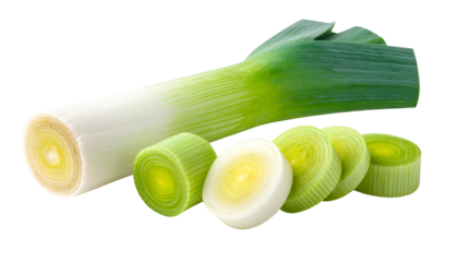 Freshly cut leek with layers, some sliced, showcasing a vibrant mix of green and white