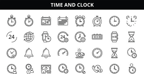 Time and clock icon set, stopwatch symbols, calendar reminders, hourglass timer collection, schedule management, alarm notification, 24-hour service illustration