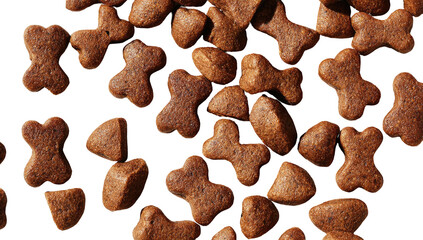 Fototapeta premium A close-up, overhead view of assorted brown pet food kibbles