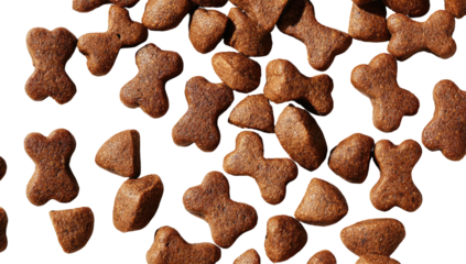 A close-up, overhead view of assorted brown pet food kibbles