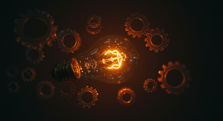 Creative innovation concept with a glowing filament light bulb illuminating surrounding mechanical cogs and gears on a dark background