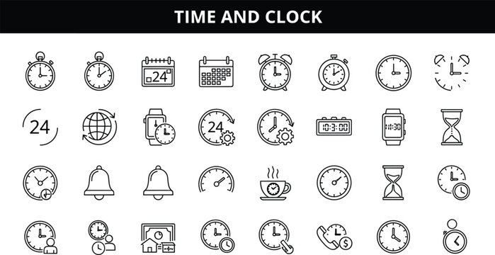 Time and clock icon set, stopwatch symbols, calendar reminders, hourglass timer collection, schedule management, alarm notification, 24-hour service illustration