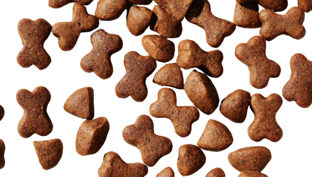 A close-up, overhead view of assorted brown pet food kibbles - Powered by Adobe