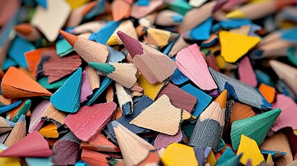 A close-up, detailed view of a pile of colorful pencil shavings, with sharp points and wood fragments in various hues.