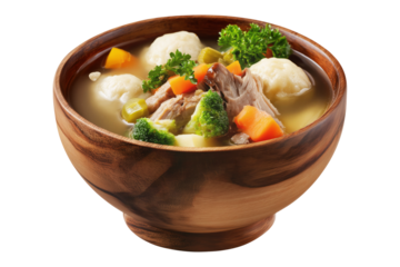 Hot meat pork soup with vegetables and doughboys dumplings in wooden bowl, isolated on white transparent background, concept of New Zealand cuisine
