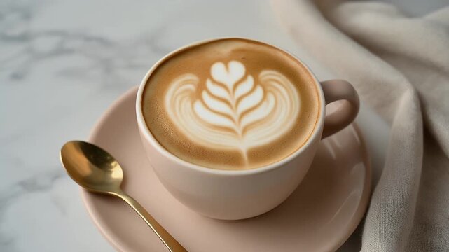 Close-up of three hot coffee cups, including cappuccino and latte, on a white table in a cozy cafe, ready for a delicious breakfast beverage
