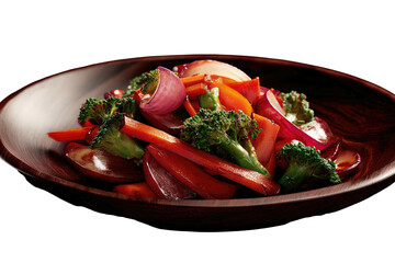 A colorful mix of fresh vegetables served in a rustic wooden bowl