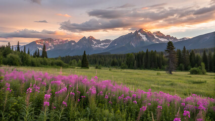 Fototapeta premium Purple fireweed flowers bloom in a green meadow, with majestic snowcapped mountains under a dramatic sunset sky, a beautiful landscape