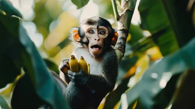 A curious monkey gazes from the emerald foliage. Its tiny hands hold a bunch of ripe bananas. Nature unfolds wonders before our eyes. Generative AI