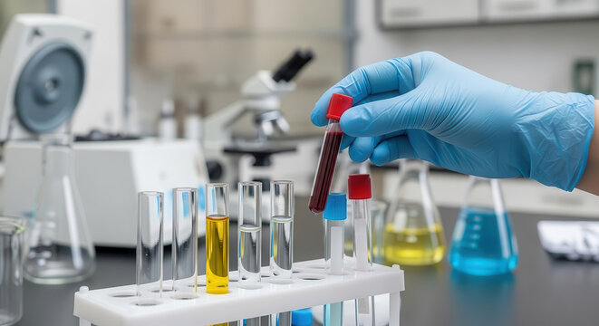 Laboratory technician in blue gloves is handling test tubes filled with colorful liquids, showcasing the process of scientific experimentation and analysis in a modern lab environment - Powered by Adobe