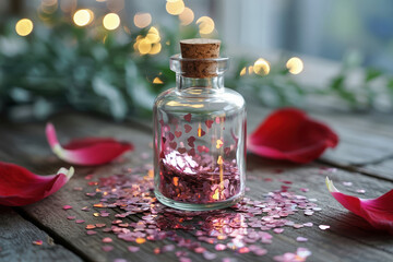 Clear glass bottle with cork stopper filled with shimmering pink heart confetti on wooden table with rose petals for Valentines Day