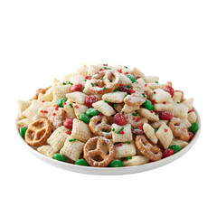 Sweet and Salty Holiday Christmas Crunch Snack Mix with Pretzels, Cereal, and Candy-Coated Chocolate isolated on a transparent background 