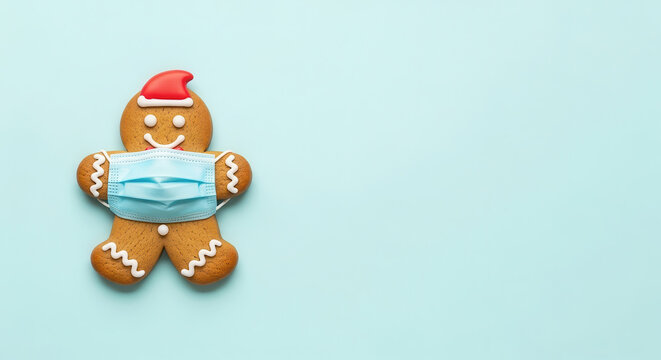 Gingerbread man wearing a blue face mask and a red Santa hat, placed on a light blue background, symbolizing holiday cheer during cold and flu season with copy space - Powered by Adobe
