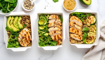 Three Healthy Chicken Bowls with Quinoa, Zucchini, and Avocado on White Marble